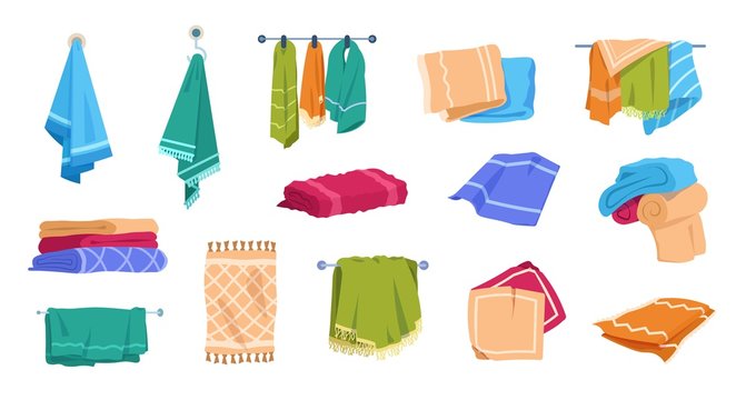 Cartoon Towels. Bath Rolled Fabric, Kitchen Hand Textile Cloth And Washcloth For Dishes, Family Cotton Towels Pile. Vector Set Illustration Hotel Fresh Fluffy Stacked Towels