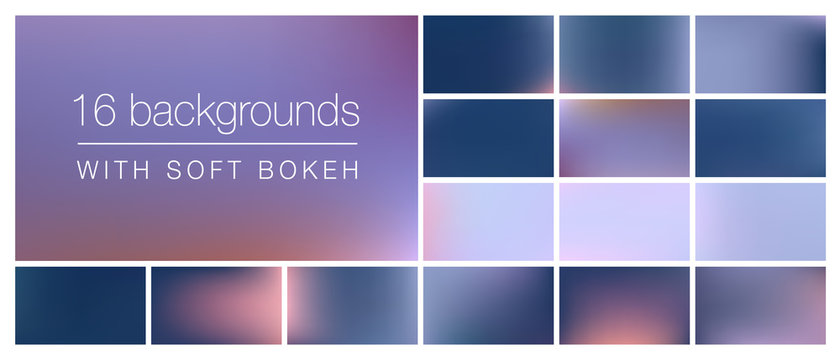 16 backgrounds with soft bokeh and smooth blurry colors. Ideal background templates for using as backdrop in stationery, social media posts, emails, presentations with professional business look&feel.