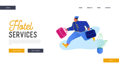 Hotel Hospitality Service Website Landing Page. Bell Boy Carrying Suitcases. Bellman Male Hotel Worker in Uniform Running with Luggage Meeting Guest Web Page Banner. Cartoon Flat Vector Illustration
