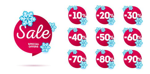 Set of winter sale promo tags with discounts up to 90 percent, red speech bubble and circles with snowflakes around it