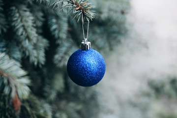 Christmas toy on the branches of a New Year tree. Christmas tree decorated with a festive ball