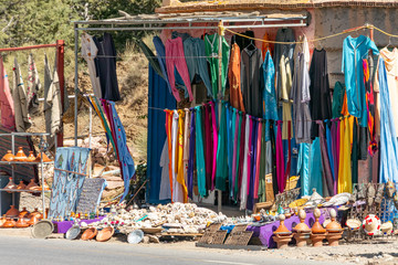 Stalls selling souvenirs and typical Arab objects in the High Atlas. Morocco.