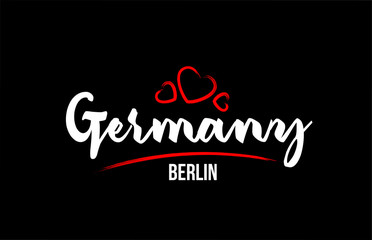Germany country on black background with red love heart and its capital Berlin