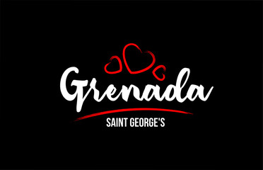 Grenada country on black background with red love heart and its capital Saint George