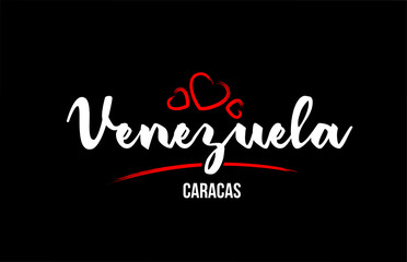 Venezuela country on black background with red love heart and its capital Caracas