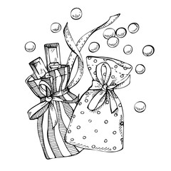 Sketch Christmas Advent Calendar Bag with candy and chocolate bar inside. Small New Year gift bags with a ribbon. Hand drawn ink illustration isolated
