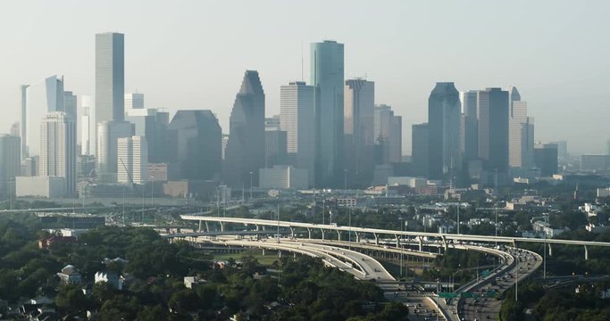 An aerial view of downtown Houston at midday