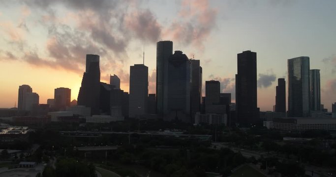 Drone aerial view of downtown Houston in the morning