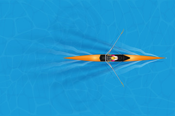 Single Racing shell with paddler for rowing sport on water surface. One oarsman woman inside boat in moving. Top view of Equipment for waters sport rowing. Vector Illustration