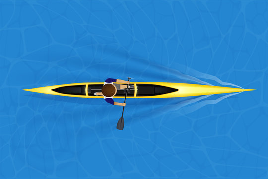 Single canoe and paddler on water surface. Top view of Equipment whitewater sprint canoeing in moving. Vector Illustration