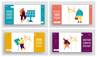Obraz na płótnie Canvas People Use Green Energy Website Landing Page Set. Clean Electricity from Renewable Sources Sun and Wind. Solar Panels Wind, Turbines Electric Station Web Page Banner. Cartoon Flat Vector Illustration