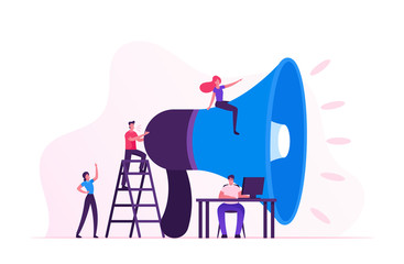 Social Marketing Concept. Men and Women Characters Promoting Online in Social Network Using Laptop and Huge Megaphone. Public Relations and Affairs, Communication, Pr. Cartoon Flat Vector Illustration - obrazy, fototapety, plakaty