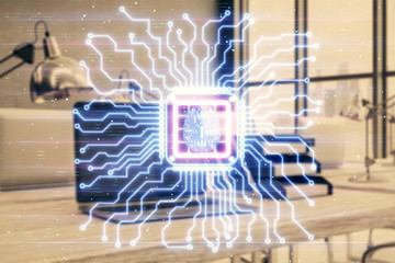 Brain sketch hologram with desktop office background. Double exposure. Brainstorm concept.