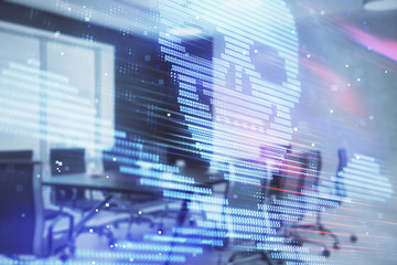 Fototapeta premium Double exposure of hacking theme hologram on conference room background. Concept of cyberpiracy