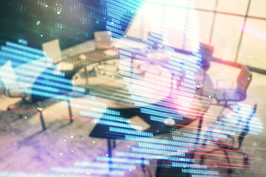 Double exposure of hacking theme hologram on conference room background. Concept of cyberpiracy