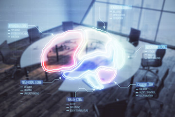 Double exposure of brain drawing on conference room background. Concept of education