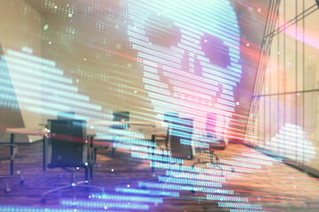 Double exposure of hacking theme hologram on conference room background. Concept of cyberpiracy