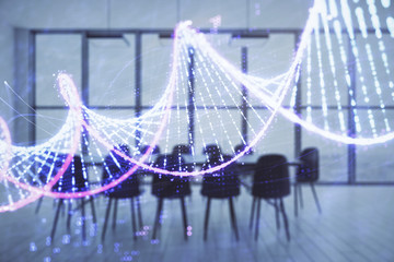 Double exposure of DNA hologram on conference room background. Concept of education