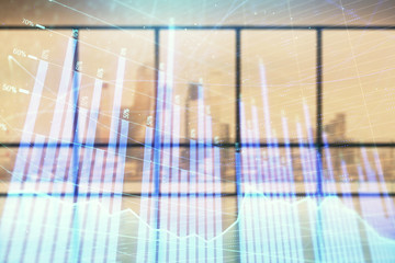 Double exposure of financial chart on empty room interior background. Forex market concept.