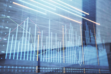 Double exposure of stock market graph on empty exterior background. Concept of analysis