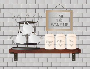 Shelf with stand with cups, containers and signboard for rest and break. Illustration with utensil for advertising, shop, store, cafe, restaurant, marketing, background, design
