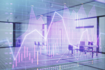 Naklejka premium Stock and bond market graph with trading desk bank office interior on background. Multi exposure. Concept of financial analysis
