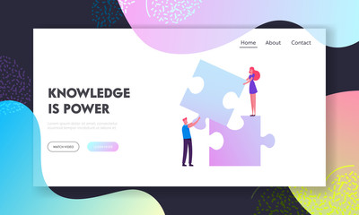 Partnership Website Landing Page. Man and Woman Set Up Huge Separated Puzzle Pieces. Businesspeople Teamwork Cooperation, Creative Collective Work Web Page Banner. Cartoon Flat Vector Illustration