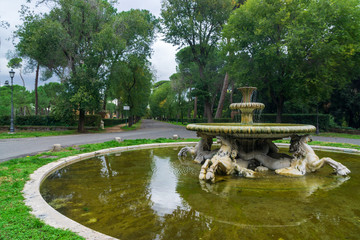 Obraz premium the public park Villa Borghese gardens with the Fountain of the Sea Horses (Fontana dei Cavalli Marini) in Rome, Italy