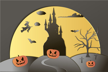 Halloween illustration in paper style for site and background - ominous pumpkins, castle, witch on a broomstick, tree, clouds, graveyard. Dark tones