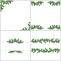 Christmas tree branches. Borders collection with spruce twigs. Angular, horizontal, central frame with pine. Backgrounds set with empty space for indcription. Vector EPS 10