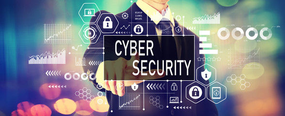 Fototapeta na wymiar Cyber security theme with a businessman on a shiny background