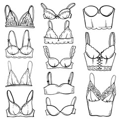 Set of lingerie elements.Vector Fashion Different types of bras - Illustration silhouette - obrazy, fototapety, plakaty