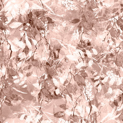 Watercolor seamless pattern, background with a floral pattern. Watercolor background, drawing with autumn with forest flowers, leaves, plants, berries, branches of birch, linden, aspen.