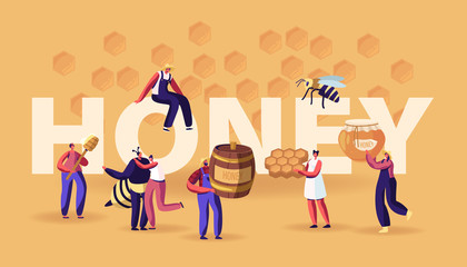 Honey Concept. Characters with Honeycomb, Spoon, Jar. People Extracting and Eating Sweet Bee Production. Beekeeping Industry, Farming Poster Banner Flyer Brochure. Cartoon Flat Vector Illustration