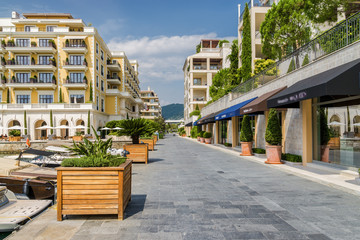 Cozy and beautiful street cafe on the sea promenade in Tivat, Montenegro.