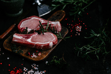 Raw meat, raw pork steak, cuisine, pepper, salt, still life, picnic