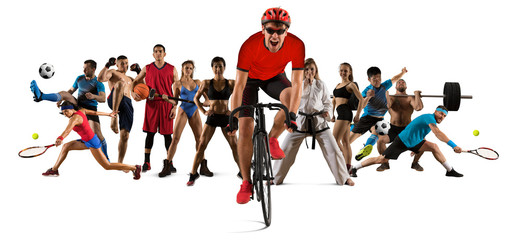 Sport collage. Cycling, running, fitness, bodybuilding, tennis, fighter and basketball players