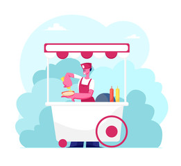 Saleswoman Wearing Uniform Stand in Wheeled Booth with Hotdogs in City Park at Summer Time. Street Food and Beverages Concept. Seller Sell Fastfood to Walking People. Cartoon Flat Vector Illustration