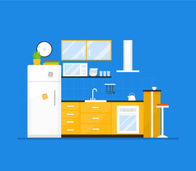 Small cozy kitchen interior with furniture and stove, dishes, fridge and utensils. Flat vector design. Cartoon illustration.