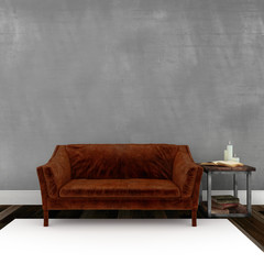 Classic sofa in gray empty room with wall. Minimal concept.Digital Illustration.3d rendering