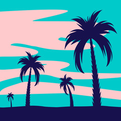 Fototapeta na wymiar Palm trees. Summer tropical background with palm leaves. Palm tree background. For banners, t-shirts, advertising, etc. Flat style. Vector illustration