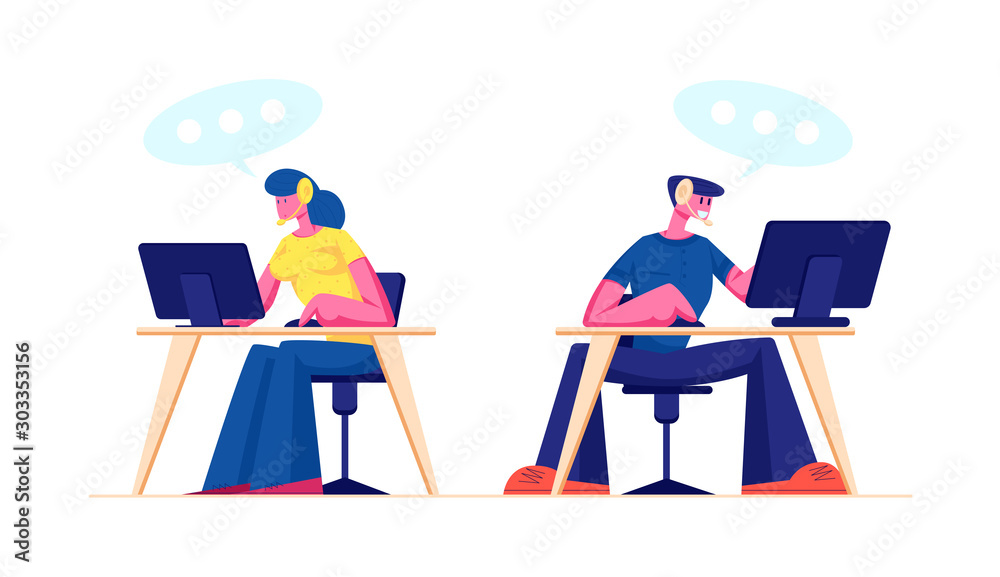Wall mural technical support, call center or customer service staff in headset working on computers. operator a