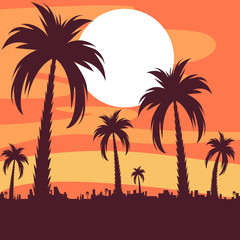 Obraz na płótnie Canvas Palm trees. Summer tropical background with palm leaves. Palm tree background. For banners, t-shirts, advertising, etc. Flat style. Vector illustration