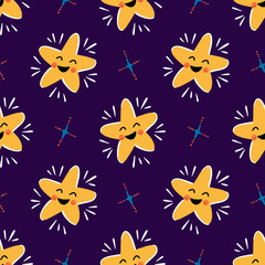 Obraz premium Twinkle Cute Star Vector Seamless Pattern for Kids. Cartoon Little Stars Colorful Wallpaper for Nursery Design. Baby Shower, Holiday or Birthday Space Background. 