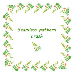 Brush seamless pattern with simple green leaves and red flower. Elements are drawn by hand in a flat style.