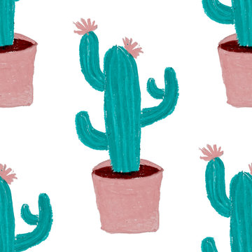 Creative seamless pattern with hand drawn cactuses in pots. Bright botanical print. Seamless decorative background with cactuses. Can be used for any kind of a decoration design. 