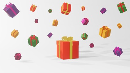 3d illustration of  multi color gifts box  floating and twisting in the white background