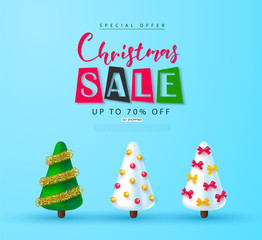 Christmas sale web banner. Holiday background with cute Christmas trees on blue background.Vector illustration for website,posters,ads,coupons,promotional material.
