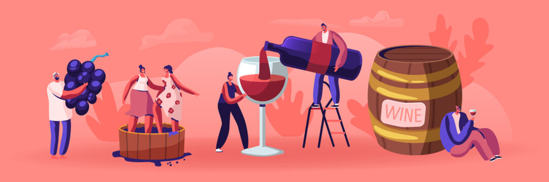 Wine Producing and Drinking Concept. Man with Bottle Pouring Alcohol Drink to Glass. Male and Female Characters Grow Organic Grapes, Produce Natural Vine Production. Cartoon Flat Vector Illustration