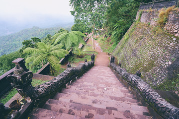 View from the atop of ancient, decorated stairs. Bali, Indonesia.